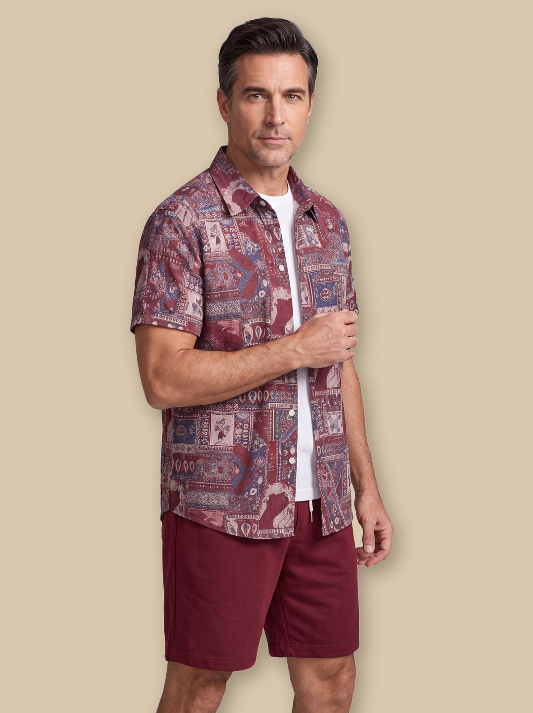 Graham two piece set in Burgundy, worn by a model on a warm sand studio background - Gentlemens Manor