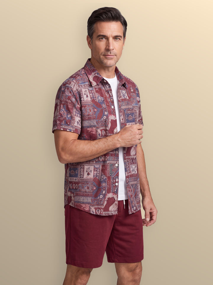 Graham two piece set in Burgundy, worn by a model on a warm sand studio background - Gentlemens Manor