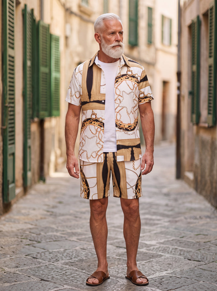Graham Men two-piece summer set in sand, worn by a model in a Mediterranean setting - Gentlemens Manor lifestyle