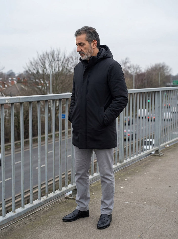 Granger hooded parka in Black, lifestyle, Gentlemens Manor