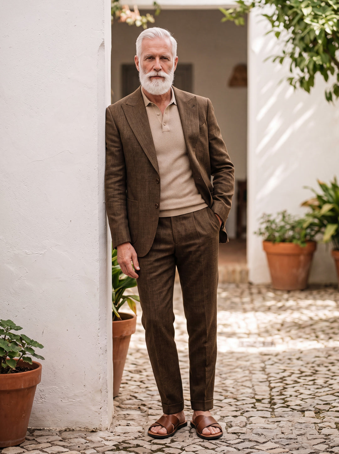 Grant Men two-piece suit in brown, worn by a model in a Mediterranean setting - Gentlemens Manor lifestyle