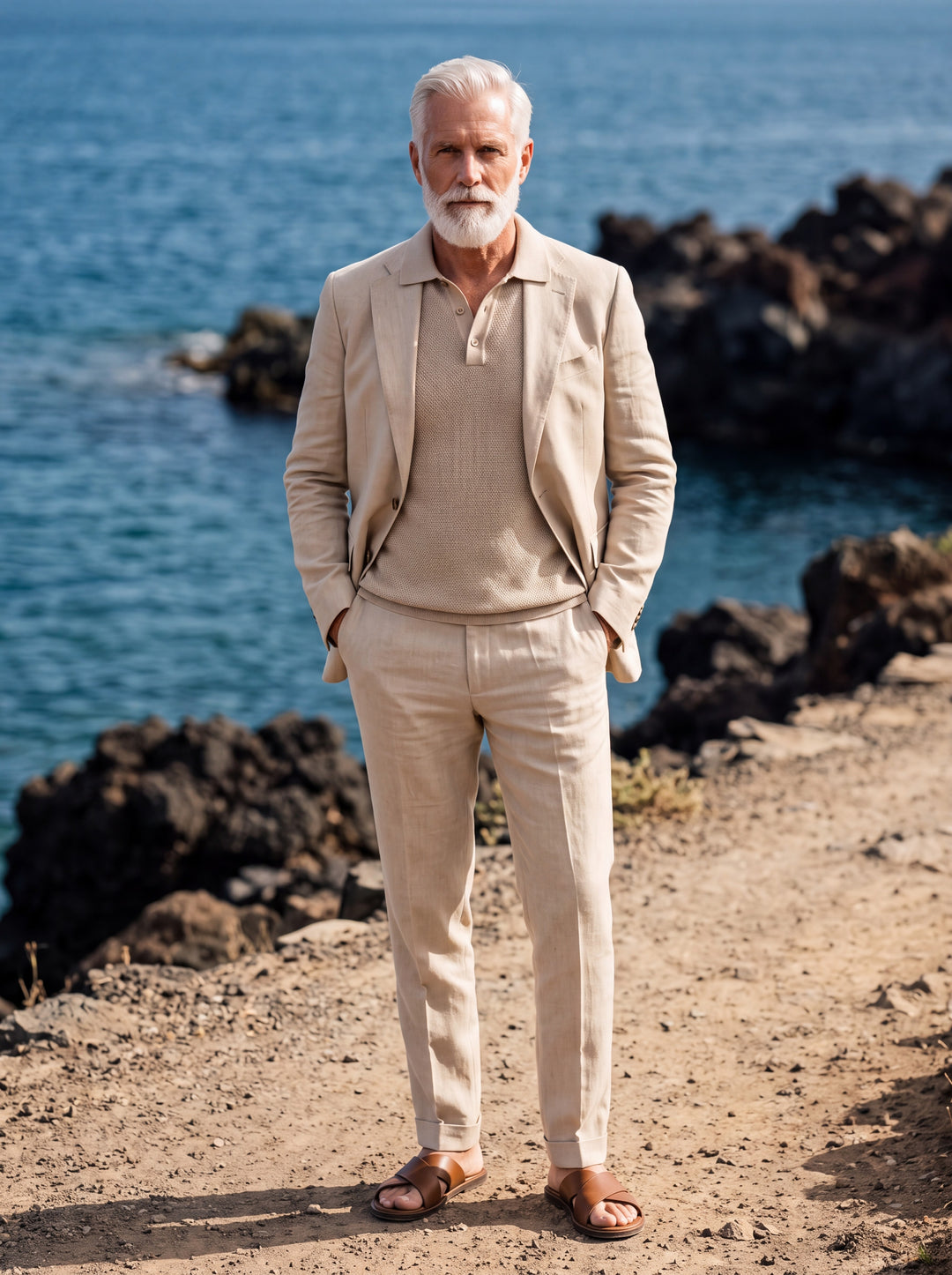 Grant Men two-piece suit in sand, worn by a model in a Mediterranean setting - Gentlemens Manor lifestyle