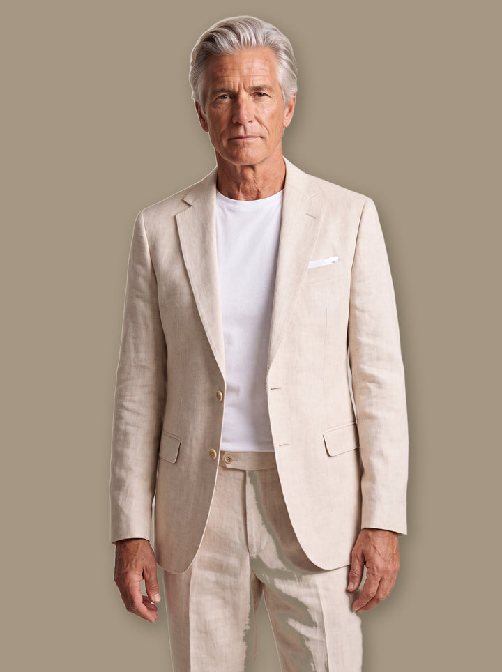 Grant two piece set in Beige, worn by a model on a warm taupe studio background - Gentlemens Manor