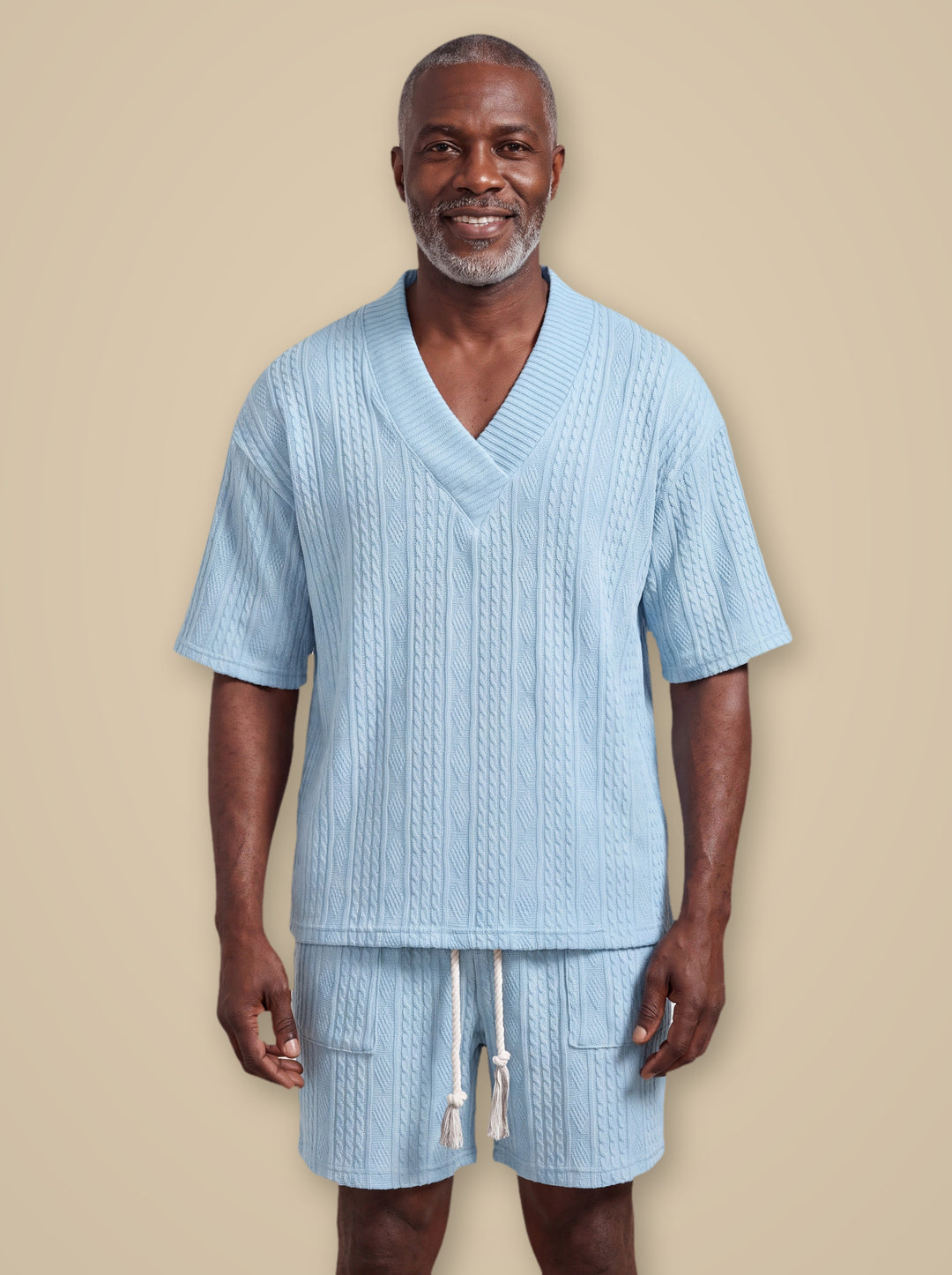 Grant two piece set in Light Blue, worn by a model on a warm taupe studio background - Gentlemens Manor