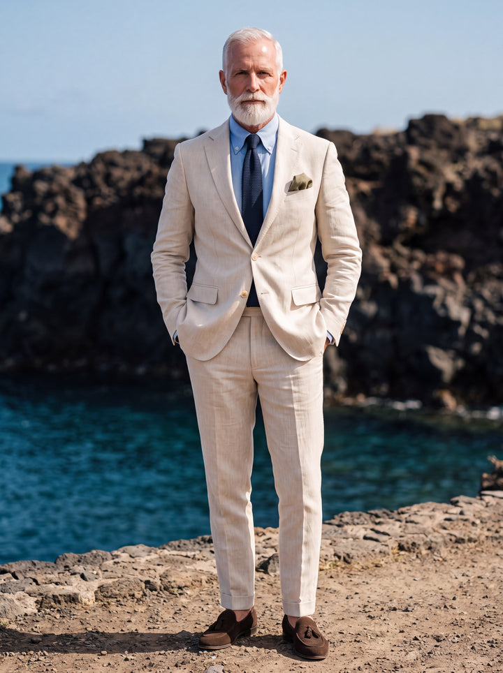Granville Men two-piece suit in beige, worn by a model in a Mediterranean setting - Gentlemens Manor lifestyle