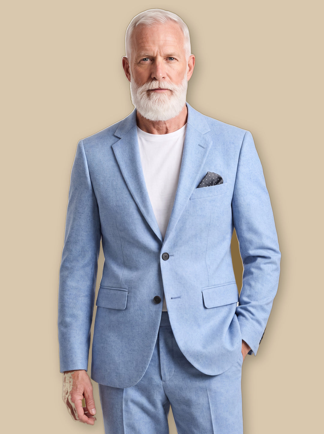 Granville blazer suit in Light Blue, worn by a model on a warm sand studio background - Gentlemens Manor