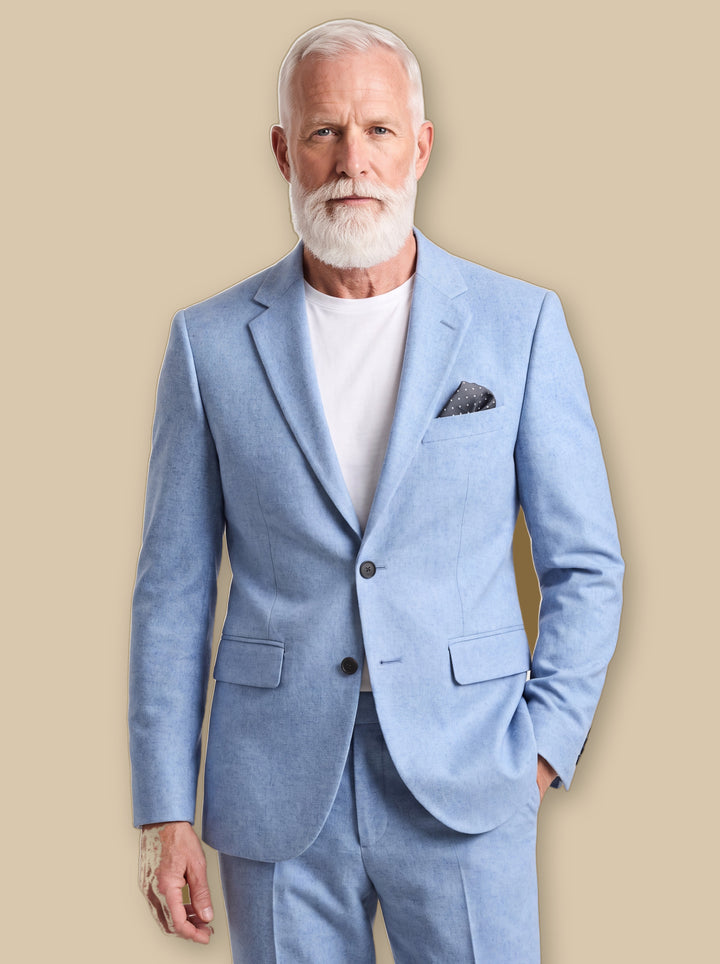 Granville blazer suit in Light Blue, worn by a model on a warm sand studio background - Gentlemens Manor