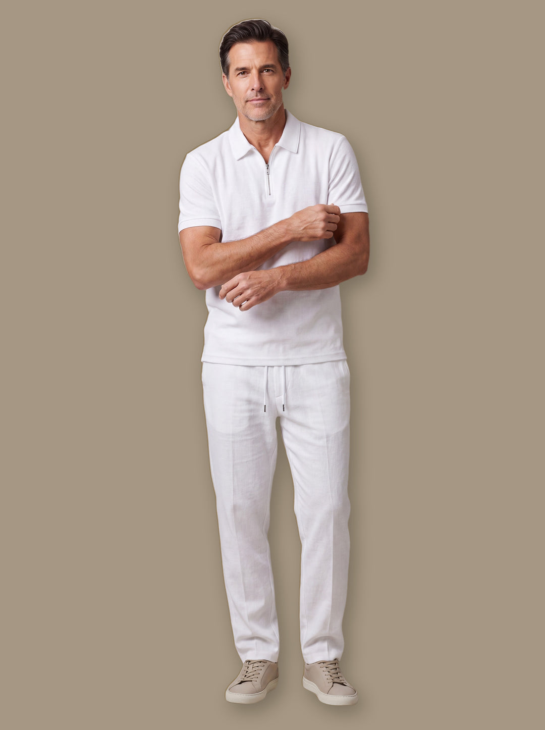 Gregory two piece set in White, worn by a model on a warm taupe studio background - Gentlemens Manor