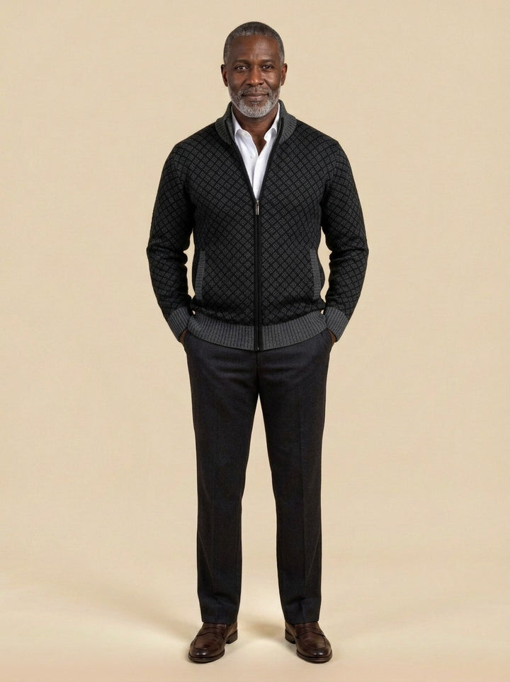 Gresham lattice zip cardigan in Black, studio, Gentlemens Manor