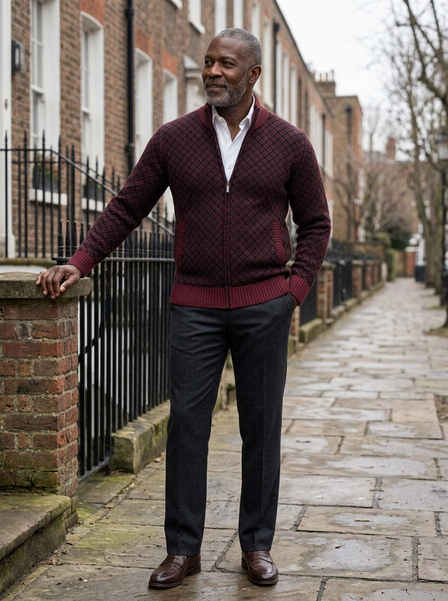 Gresham lattice zip cardigan in Burgundy, lifestyle on a street of brick row houses, Gentlemens Manor