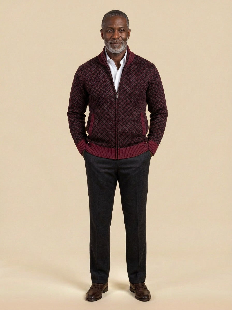 Gresham lattice zip cardigan in Burgundy, studio, Gentlemens Manor