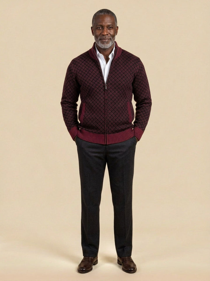 Gresham lattice zip cardigan in Burgundy, studio, Gentlemens Manor