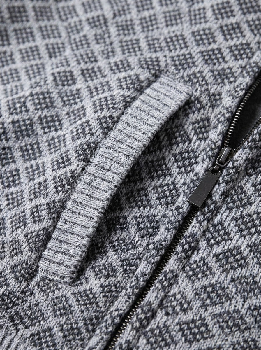 Gresham lattice zip cardigan, fabric close up, Gentlemens Manor