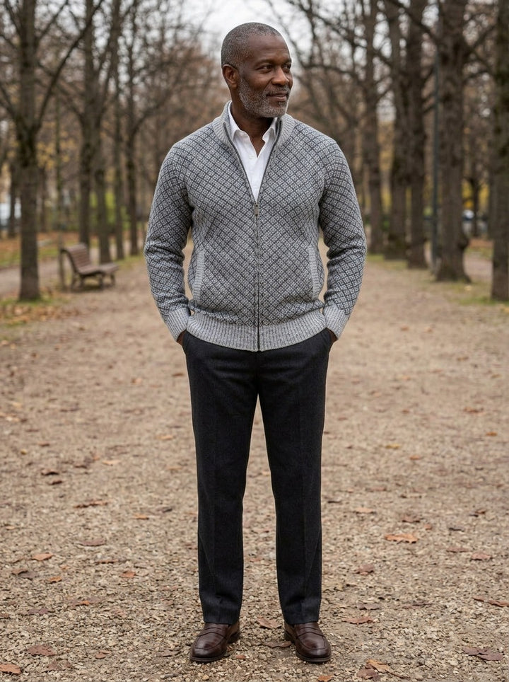 Gresham lattice zip cardigan in Grey, lifestyle on a park path, Gentlemens Manor