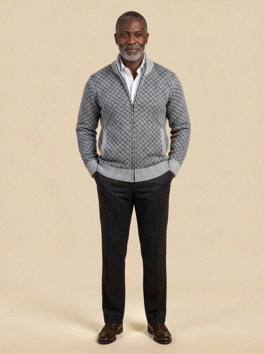 Gresham lattice zip cardigan in Grey, studio, Gentlemens Manor