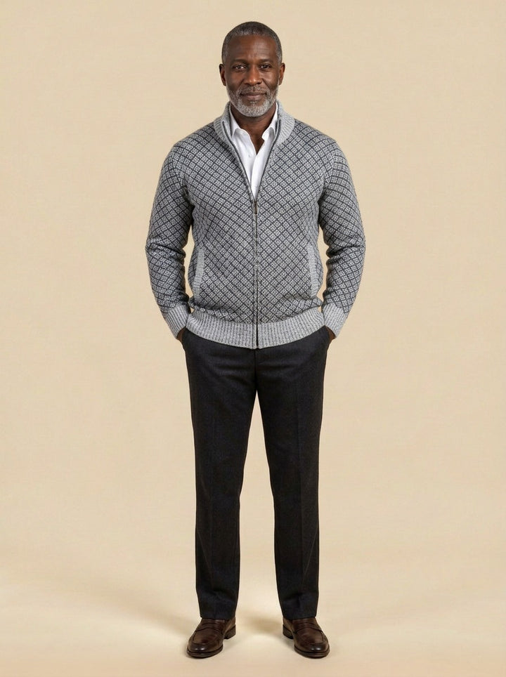 Gresham lattice zip cardigan in Grey, studio, Gentlemens Manor