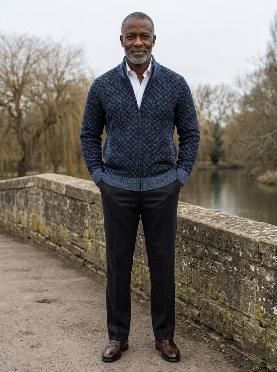 Gresham lattice zip cardigan in Navy, lifestyle on a stone footbridge, Gentlemens Manor