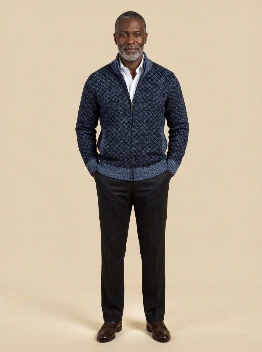 Gresham lattice zip cardigan in Navy, studio, Gentlemens Manor