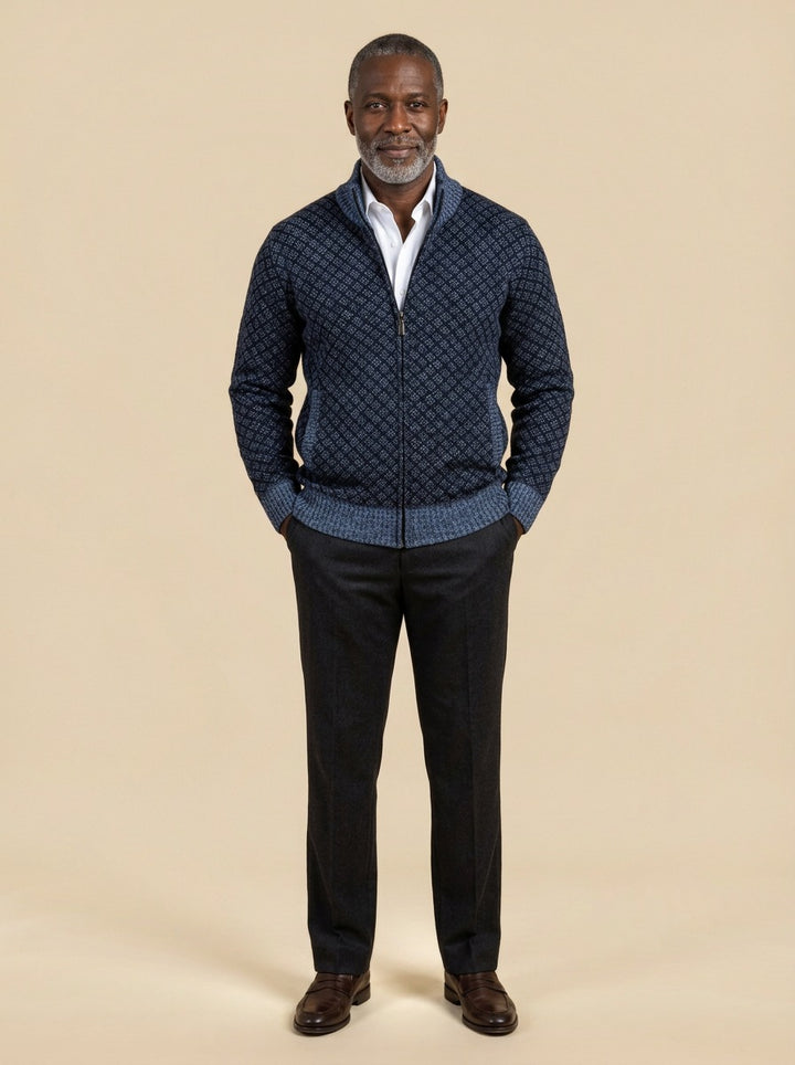 Gresham lattice zip cardigan in Navy, studio, Gentlemens Manor