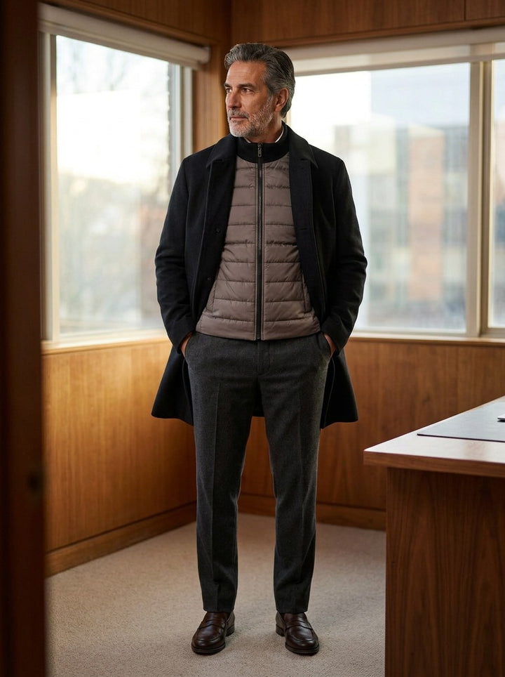 Greville car coat in Black, lifestyle in a timber paneled office, Gentlemens Manor