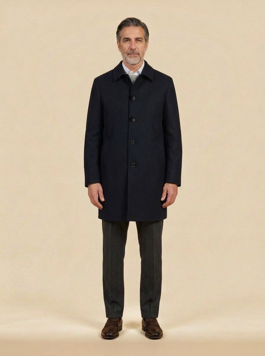 Greville car coat in Navy, studio, Gentlemens Manor