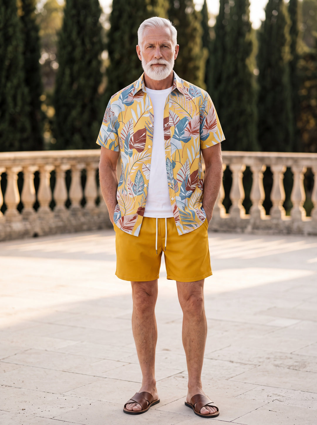 Griffin Men two-piece summer set in mustard, worn by a model in a Mediterranean setting - Gentlemens Manor lifestyle