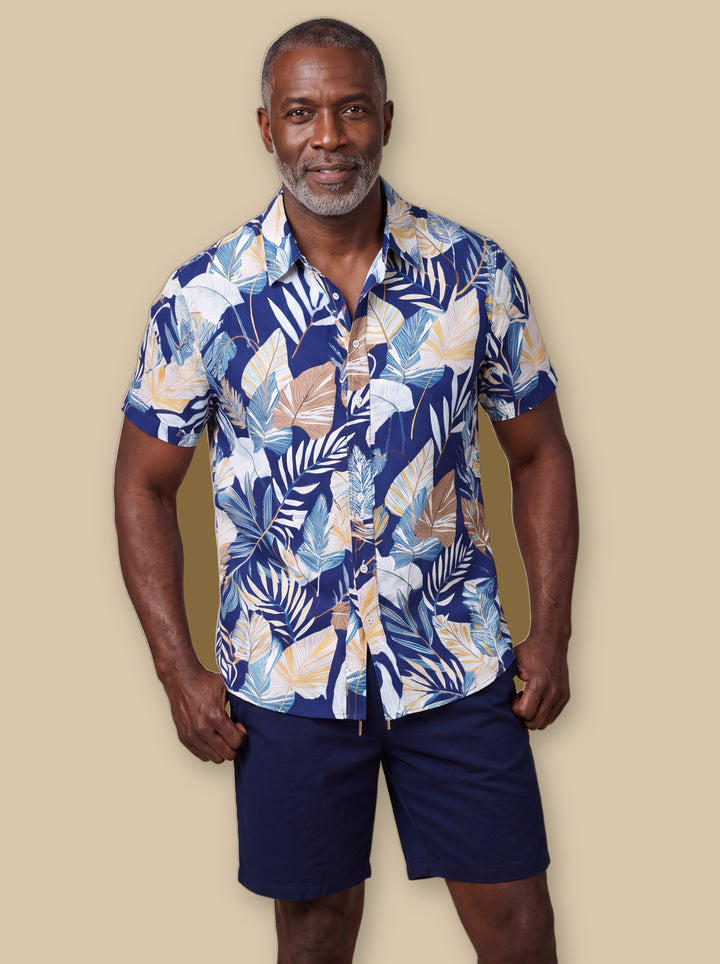 Griffin two piece set in Navy, worn by a model on a warm sand studio background - Gentlemens Manor