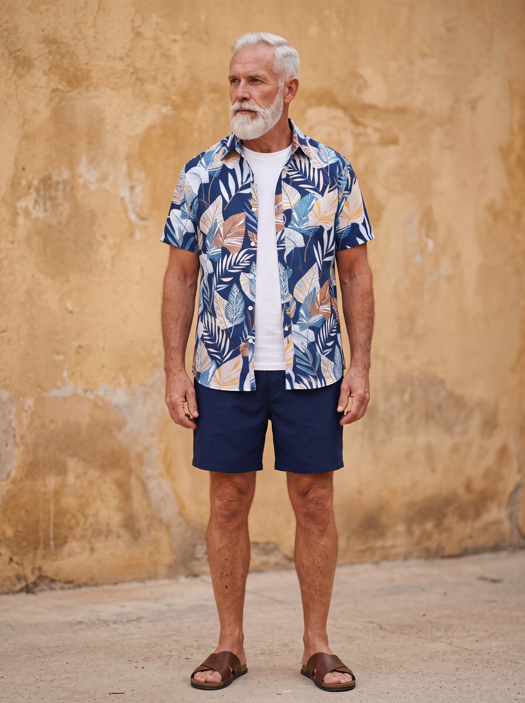Griffin Men two-piece summer set in navy, worn by a model in a Mediterranean setting - Gentlemens Manor lifestyle