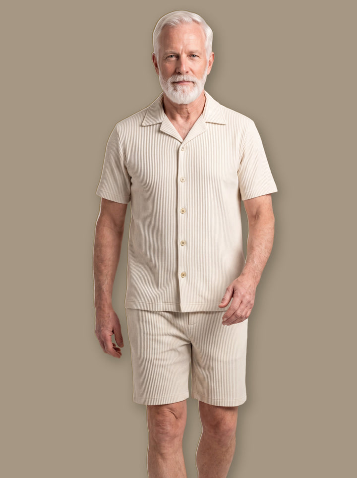 Grover two piece set in Beige, worn by a model on a warm taupe studio background - Gentlemens Manor