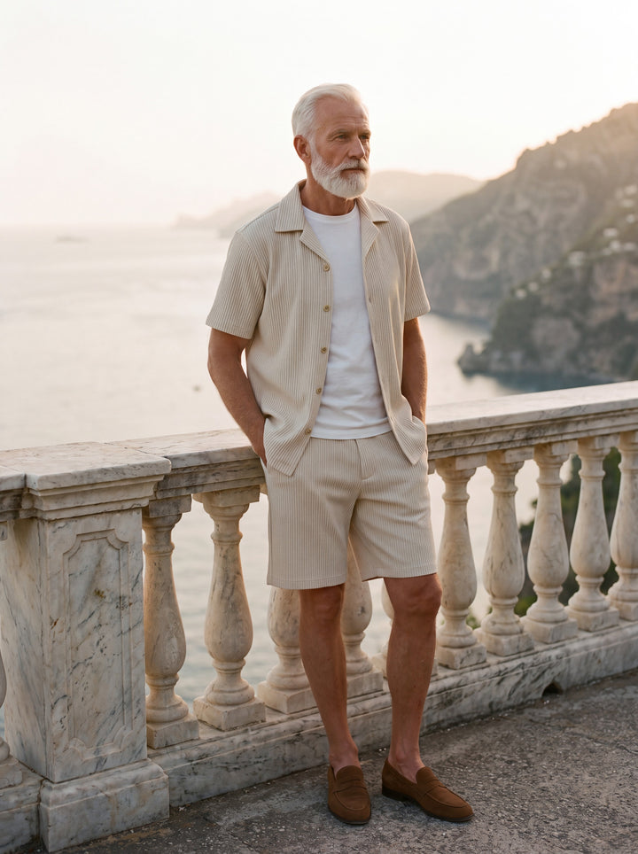 Grover Men two piece set in beige, worn by a model on a Mediterranean terrace - Gentlemens Manor lifestyle