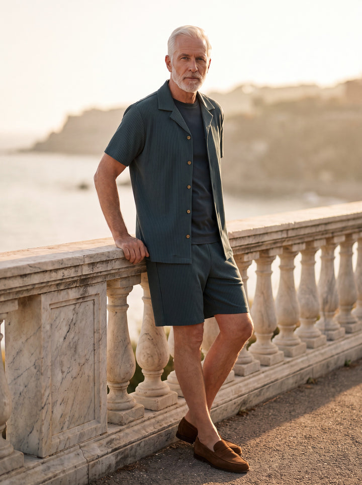 Grover Men two piece set in Grey, worn by a model on a Mediterranean terrace - Gentlemens Manor lifestyle