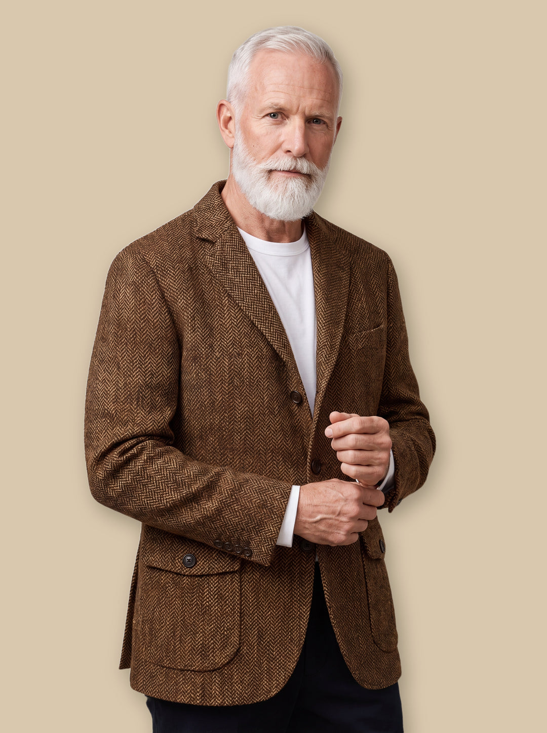 Gus blazer suit in Dark Brown, worn by a model on a warm sand studio background - Gentlemens Manor