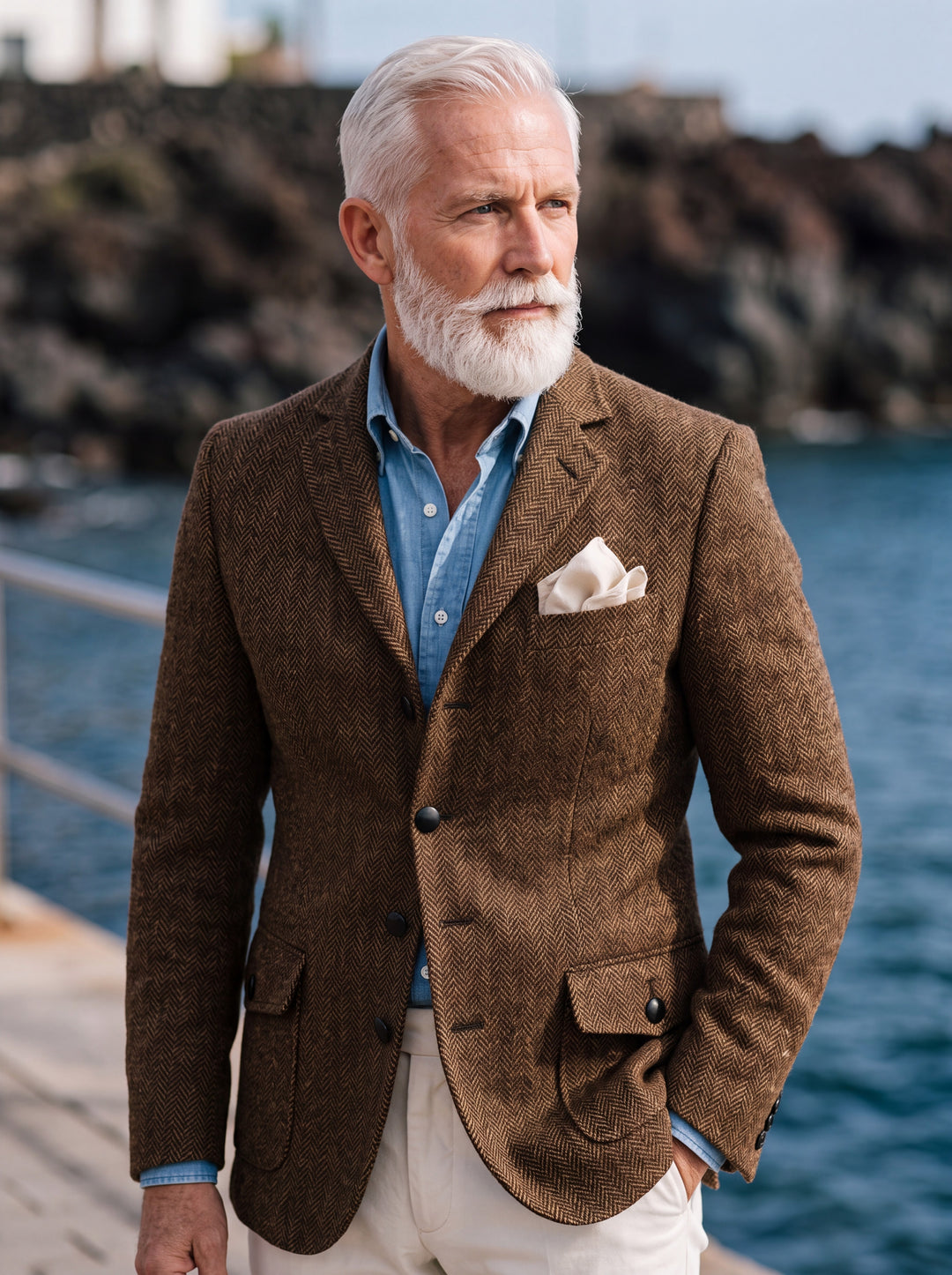 Gus blazer in Dark Brown, worn by a model in a Mediterranean setting - Gentlemens Manor lifestyle