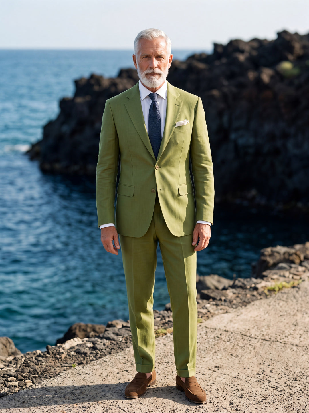 Guy Men two-piece suit in green, worn by a model in a Mediterranean setting - Gentlemens Manor lifestyle