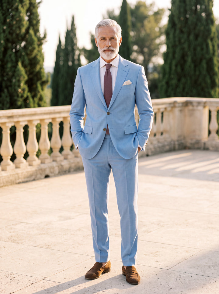 Guy Men two-piece suit in light blue, worn by a model in a Mediterranean setting - Gentlemens Manor lifestyle