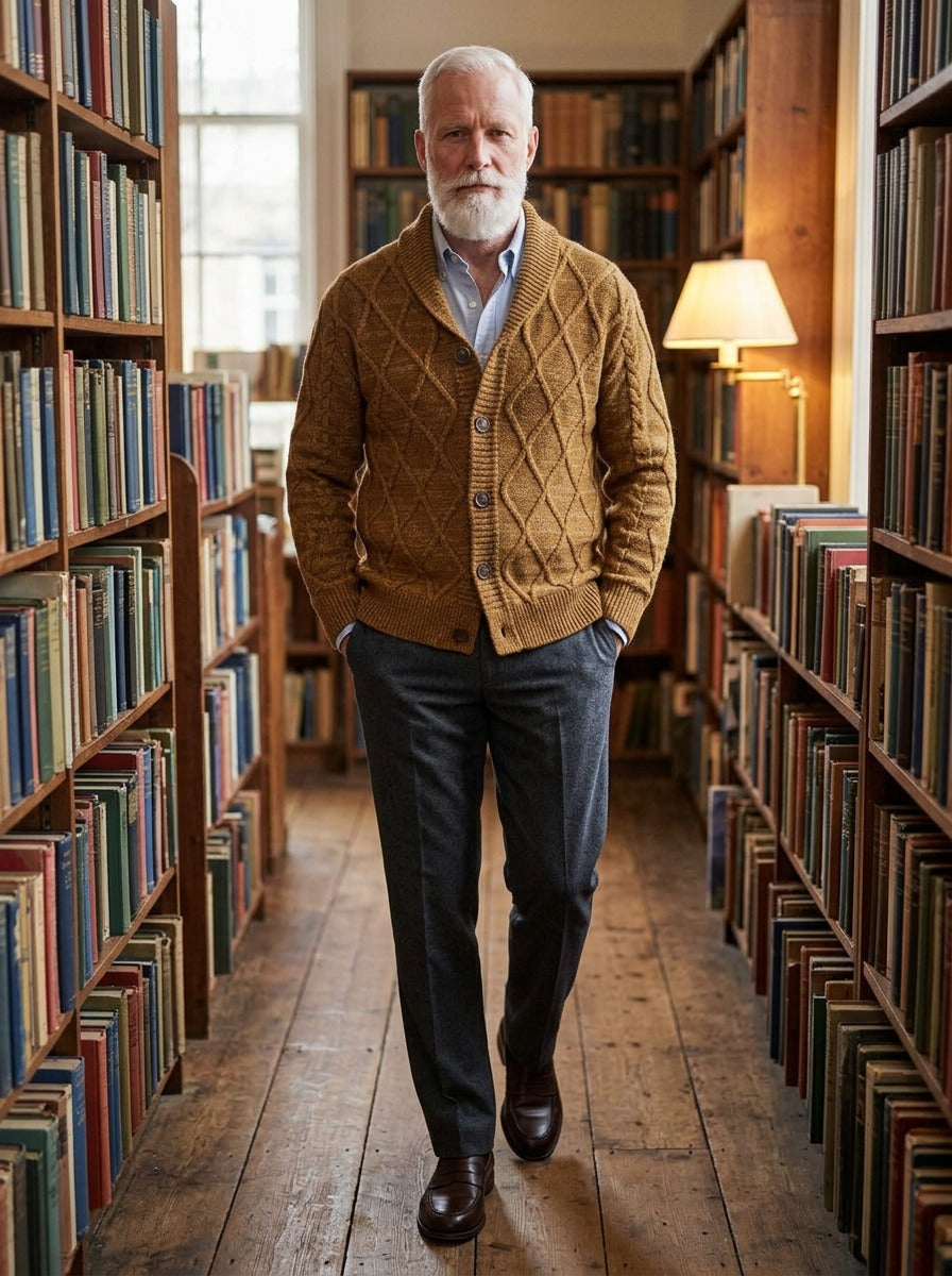 Haddon diamond cable shawl collar cardigan in Brown, lifestyle in a secondhand bookshop, Gentlemens Manor