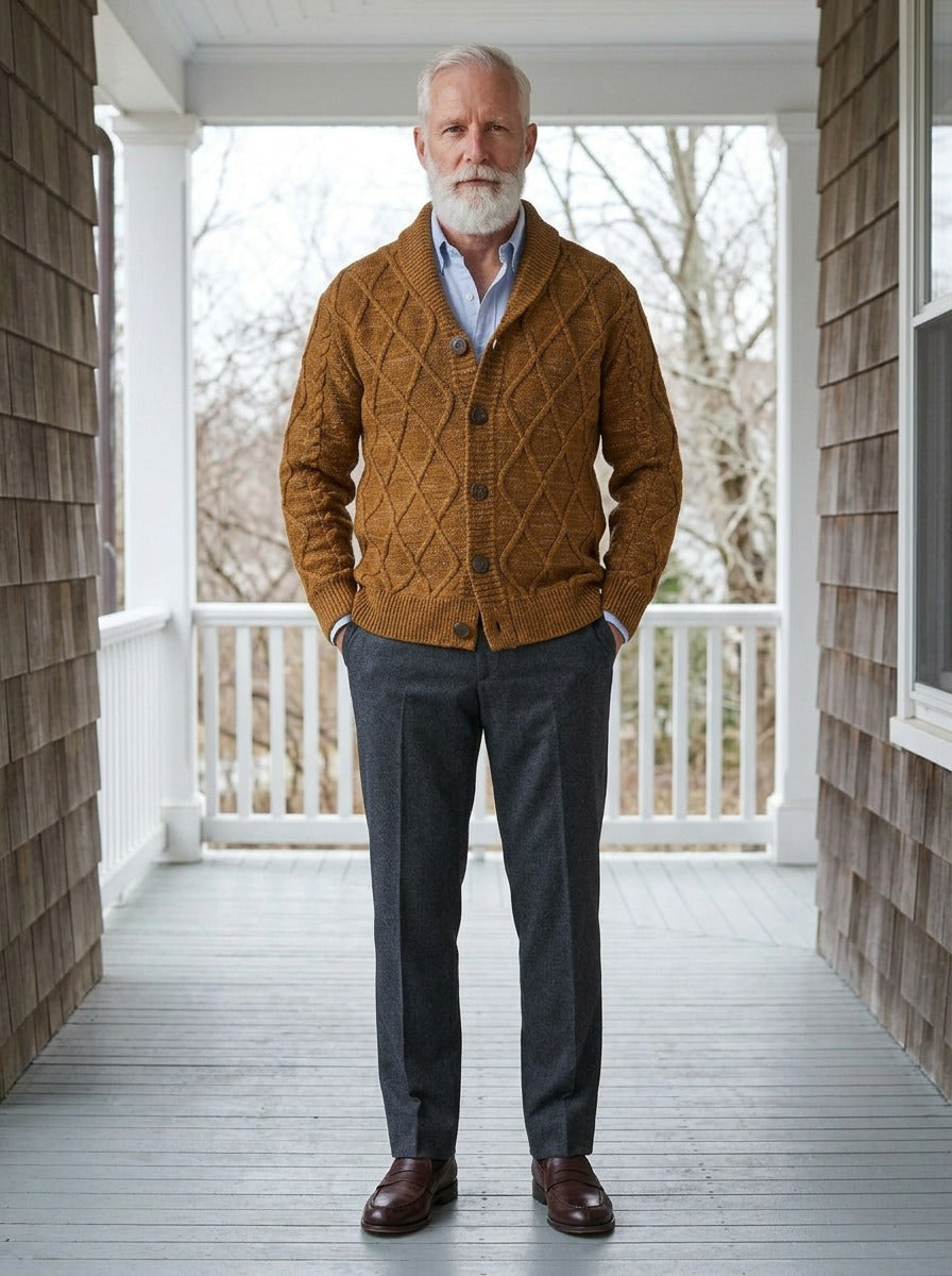 Haddon diamond cable shawl collar cardigan in Brown, lifestyle on a covered porch, Gentlemens Manor