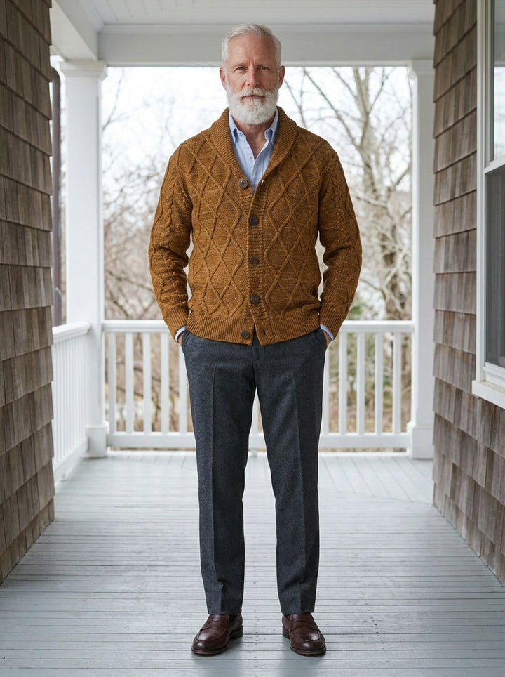 Haddon diamond cable shawl collar cardigan in Brown, lifestyle on a covered porch, Gentlemens Manor