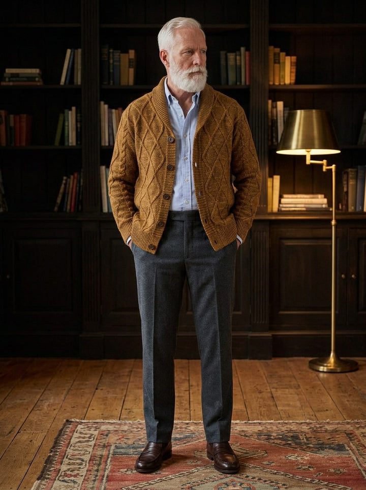 Haddon diamond cable shawl collar cardigan in Brown, lifestyle in a private study, Gentlemens Manor
