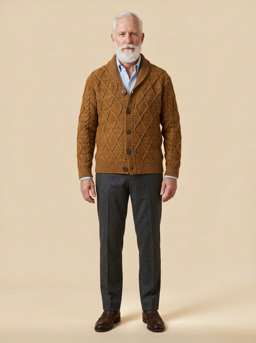 Haddon diamond cable shawl collar cardigan in Brown, studio, Gentlemens Manor