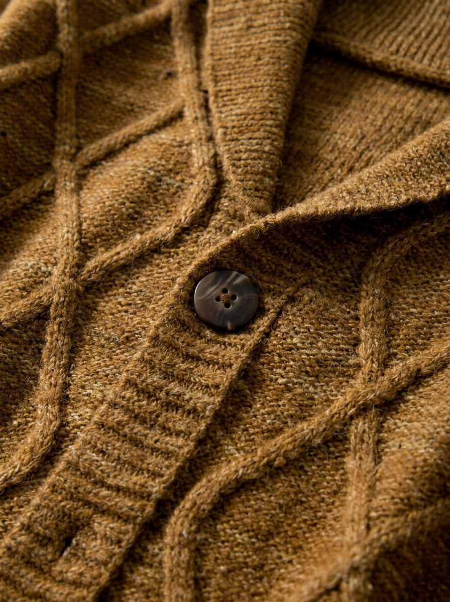 Haddon diamond cable shawl collar cardigan, fabric close up, Gentlemens Manor