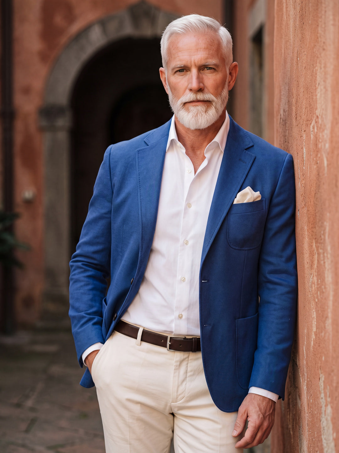 Hadley blazer in Blue, worn by a model in a Mediterranean setting - Gentlemens Manor lifestyle