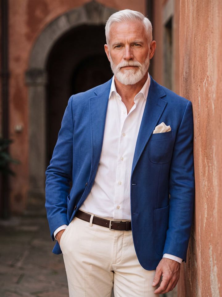 Hadley blazer in Blue, worn by a model in a Mediterranean setting - Gentlemens Manor lifestyle