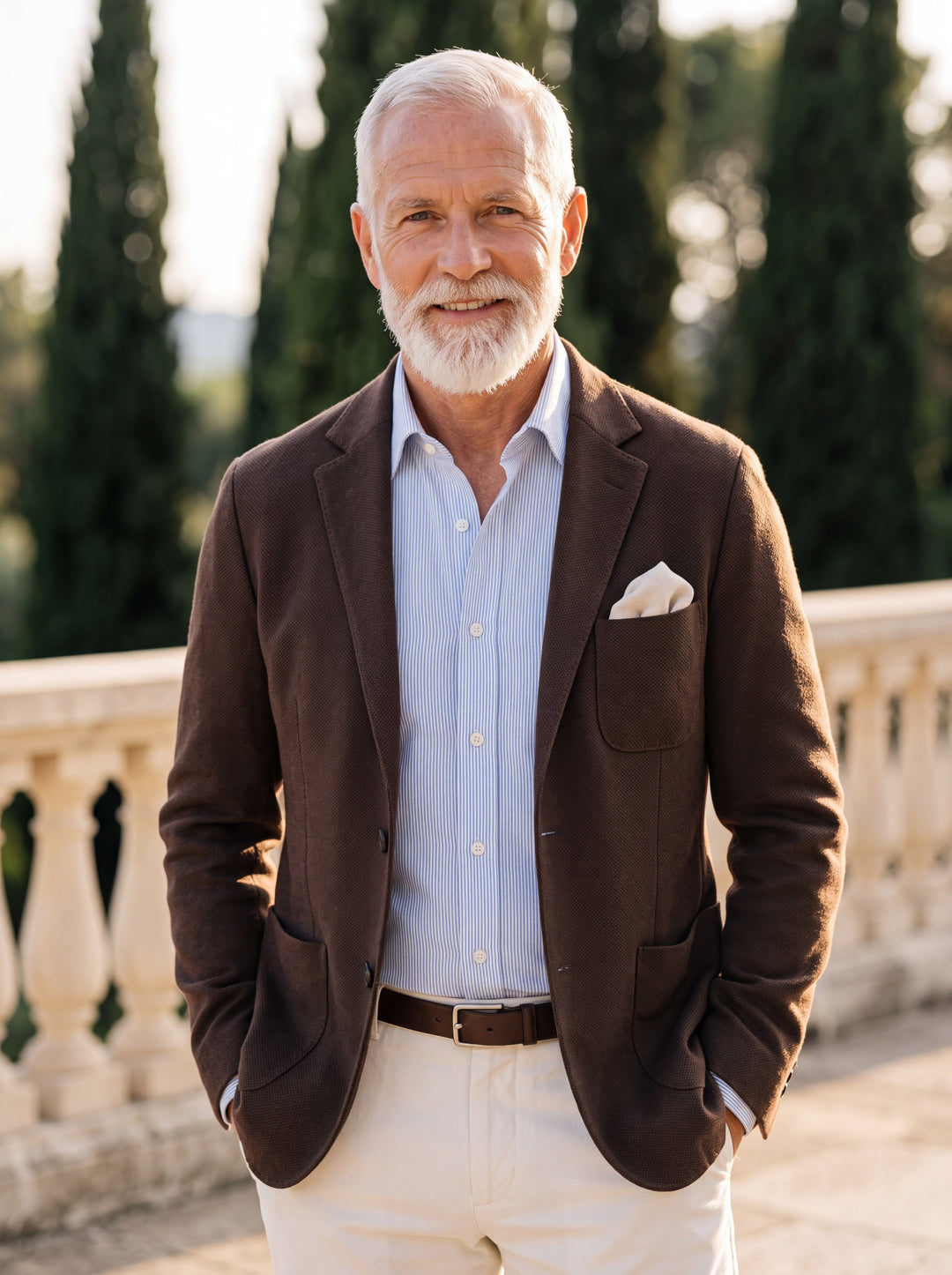 Hadley blazer in Brown, worn by a model in a Mediterranean setting - Gentlemens Manor lifestyle