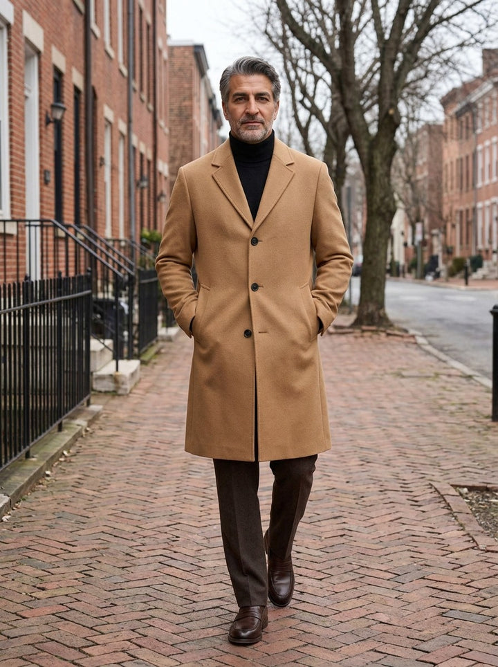 Halden overcoat in Camel, lifestyle on a street of brick row houses, Gentlemens Manor