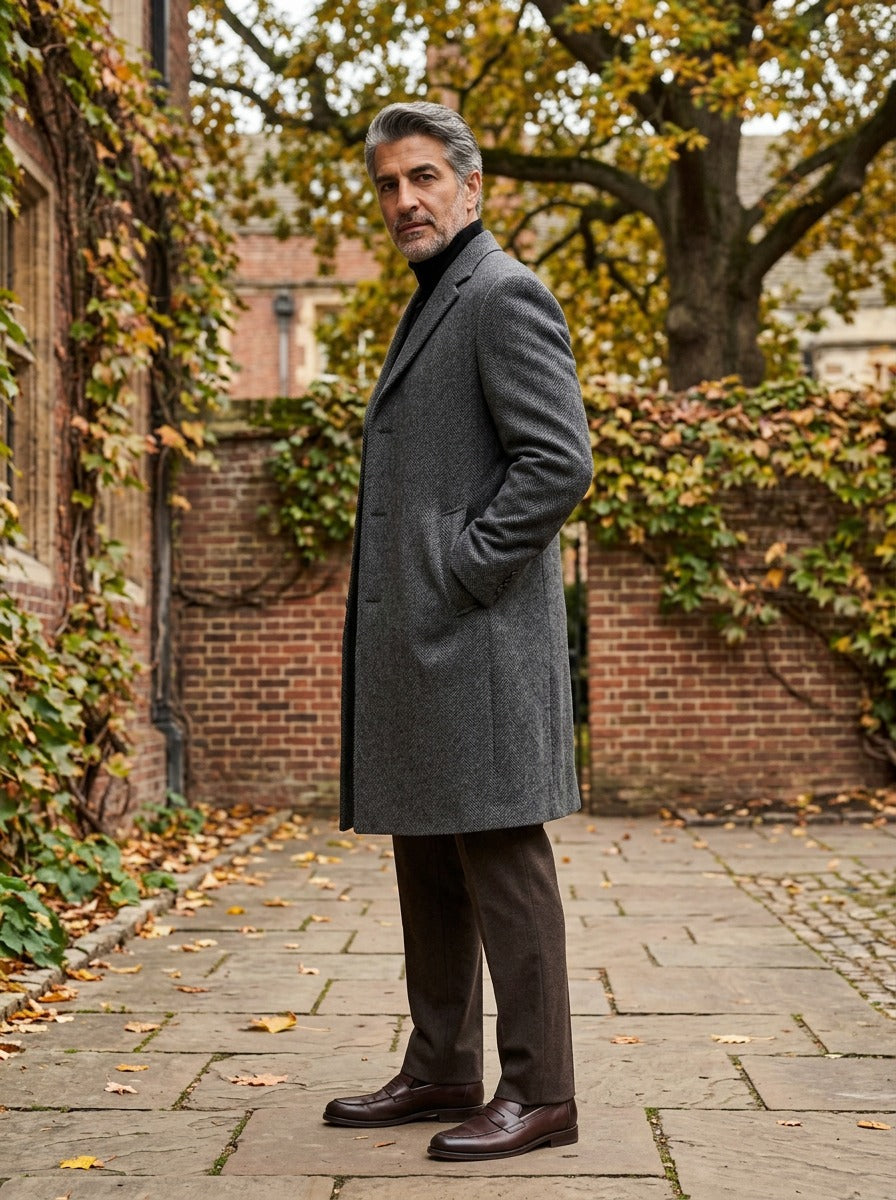 Halden overcoat in Charcoal, lifestyle in a brick college courtyard, Gentlemens Manor