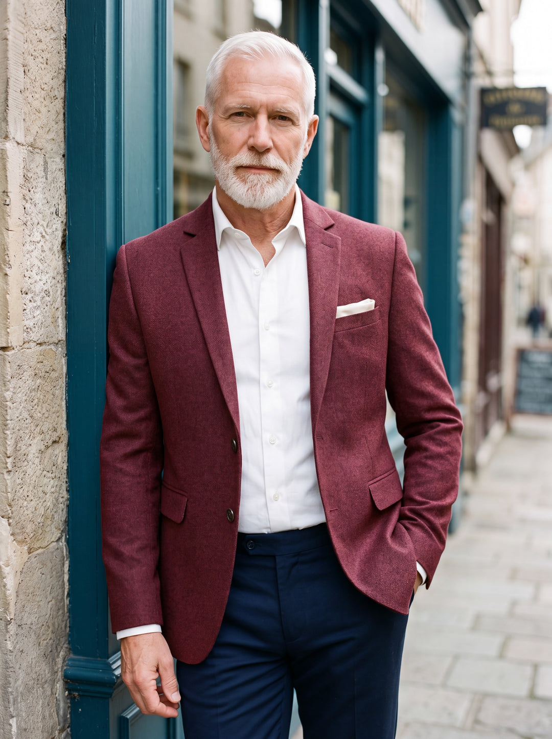 Hale blazer in Burgundy, worn by a model in a Mediterranean setting - Gentlemens Manor lifestyle