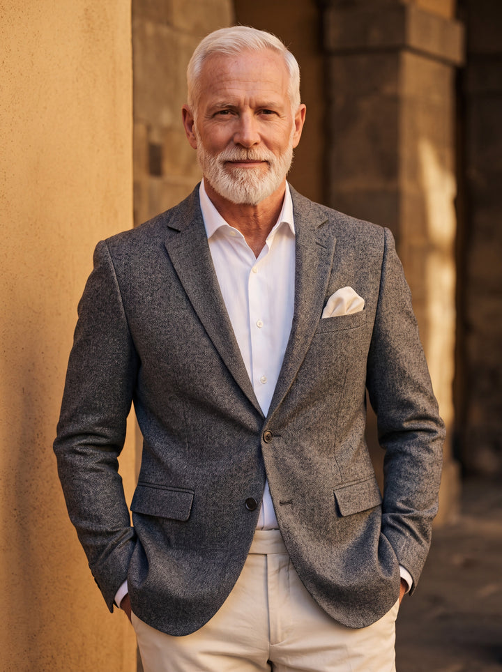 Hale blazer in Grey, worn by a model in a Mediterranean setting - Gentlemens Manor lifestyle