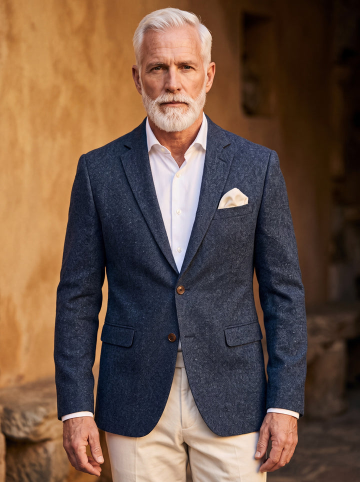 Hale blazer in Navy, worn by a model in a Mediterranean setting - Gentlemens Manor lifestyle