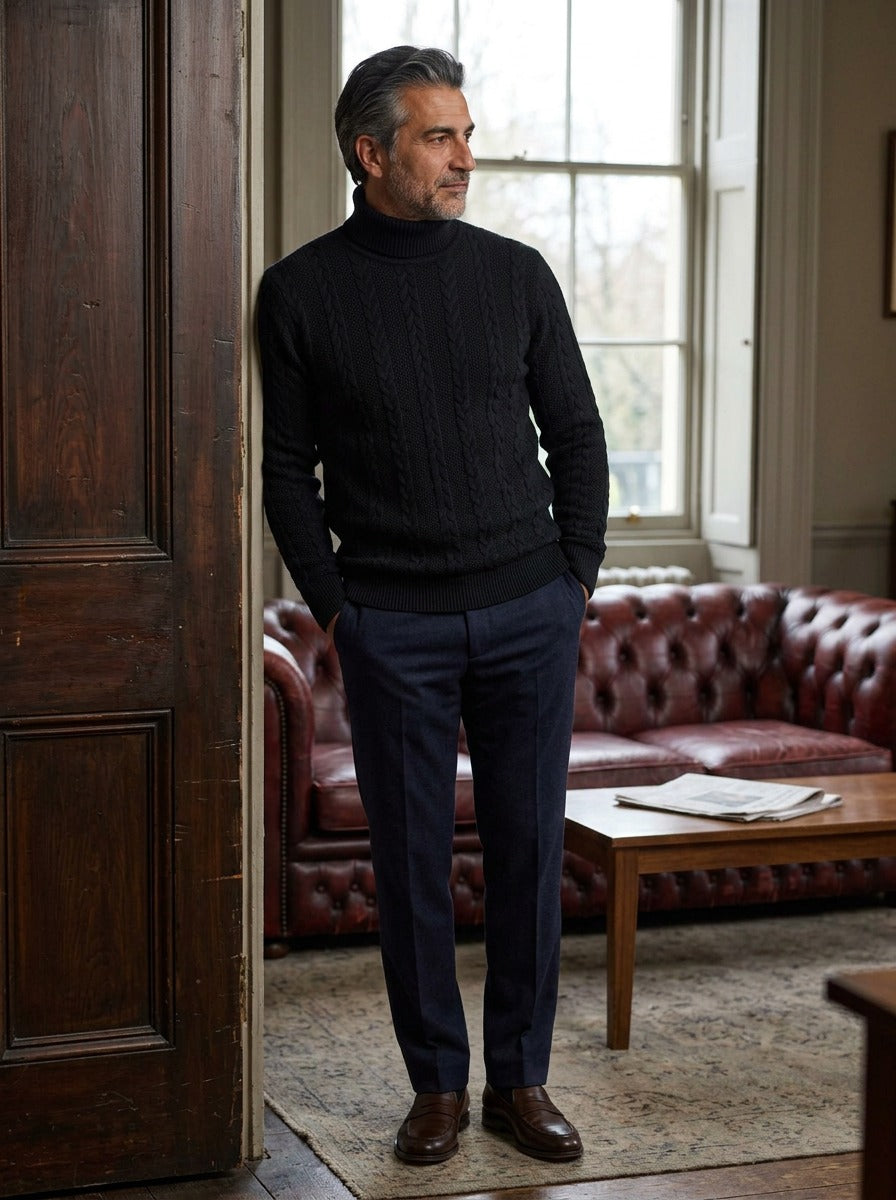 Halsey sweater in Black, lifestyle in a club reading room, Gentlemens Manor
